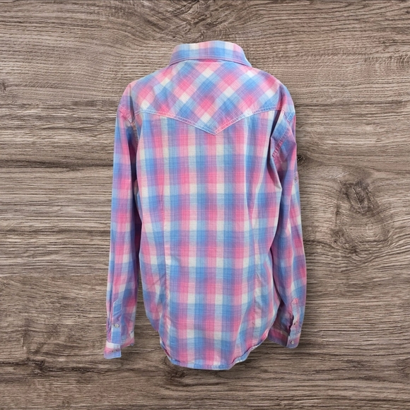 Rough Stock Women's Pink And Blue Plaid Shirt With Pearl Snap Buttons Size L - Picture 3 of 10